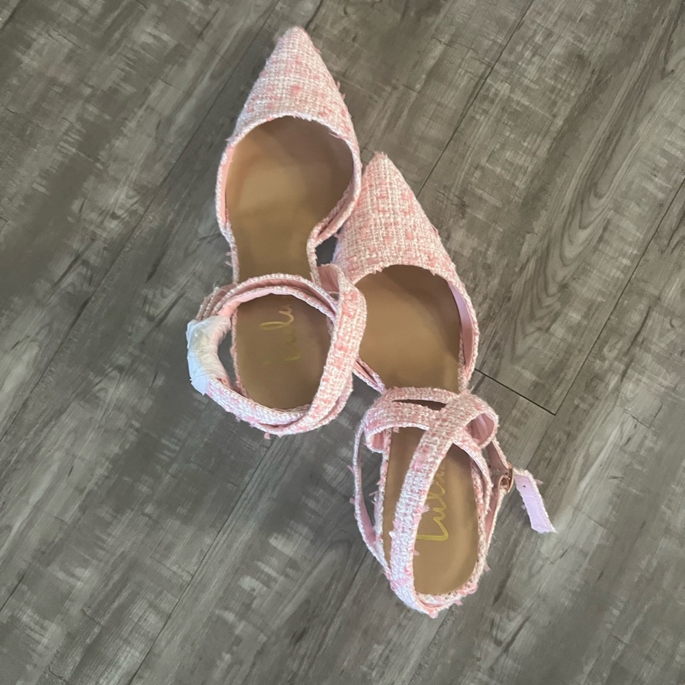 Tweed Ankle Wrap Pointed Toe Pumps in Pink - Picture 5 of 7